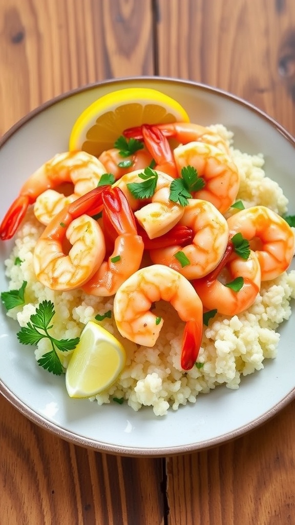 Garlic shrimp on cauliflower rice, garnished with parsley and lemon on a wooden table.
